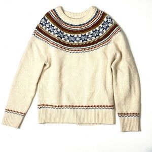 J. Crew Lambswool Fair Isle Nordic Cream & Blue Patterned Crewneck Sweater Sz S